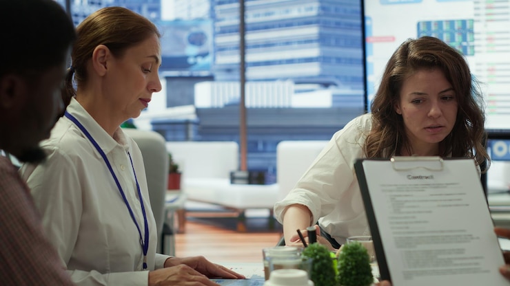 Financial expert showing statistics data on papers in a conference room